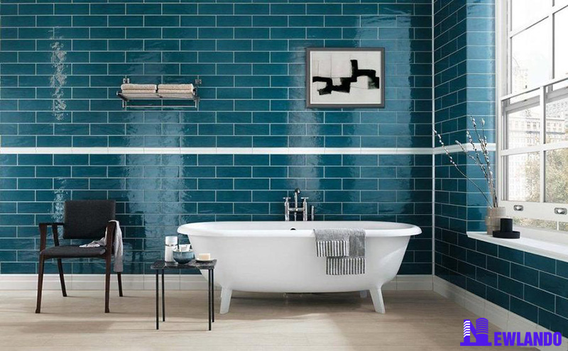 Gạch thẻ ốp tường phòng tắm màu xanh 