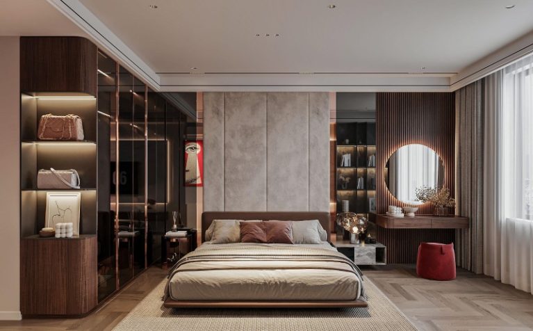 Ý tưởng thiết kế phòng ngủ chung cư với gạch giả gỗ hiện đại