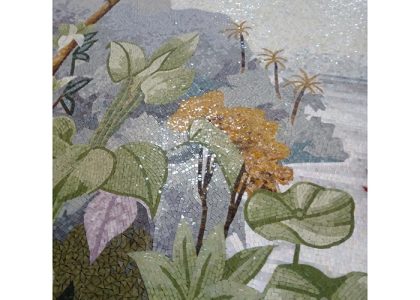 Tranh mosaic gồm những viên gạch nhỏ được nung khoảng 1230 độ C, nhiệt độ nung ổn định mang đến kết cấu vững chắc