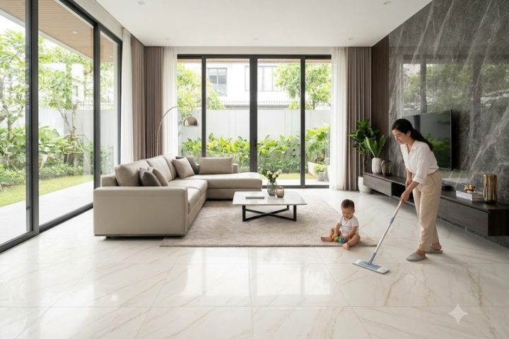 Phòng khách hiện đại lát gạch giả vân đá bóng sáng