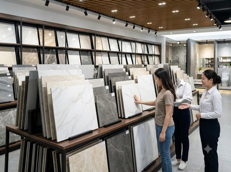 Gạch vân đá là gì - khách tham quan mẫu gạch vân đá tại showroom Gạch vân đá là gì - khách tham quan mẫu gạch vân đá tại showroom