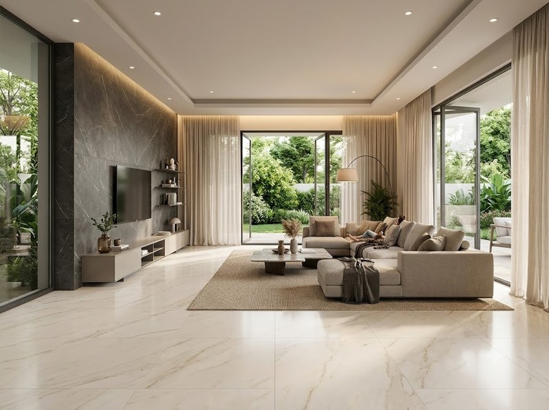 Phòng khách sang trọng lát gạch giả vân đá bóng sáng, vì sao gạch vân đá ngày càng được ưa chuộng Phòng khách sang trọng lát gạch giả vân đá bóng sáng, vì sao gạch vân đá ngày càng được ưa chuộng